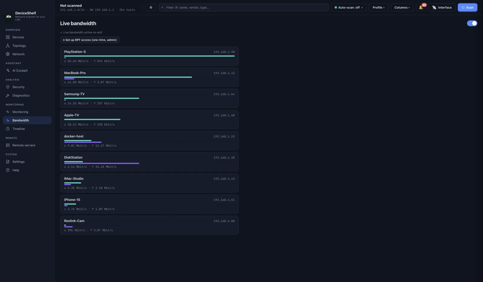 Live per-device bandwidth in DeviceShelf