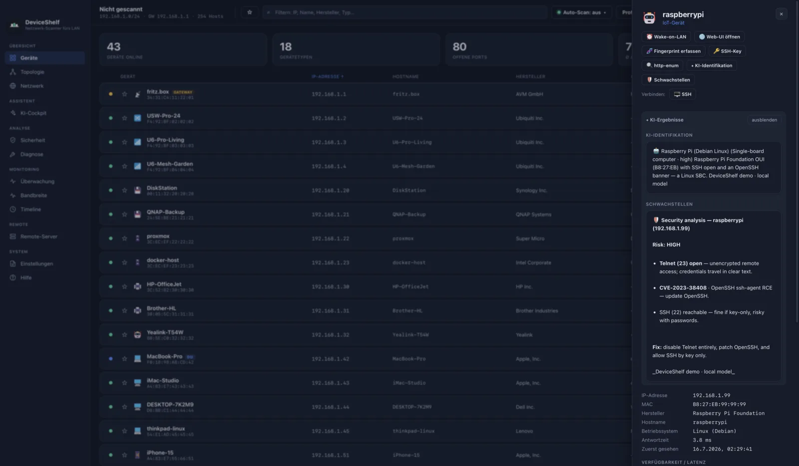 Open ports and services in DeviceShelf