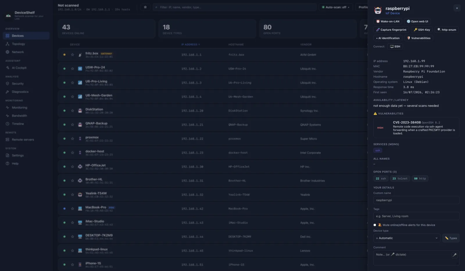 Open ports and services in DeviceShelf