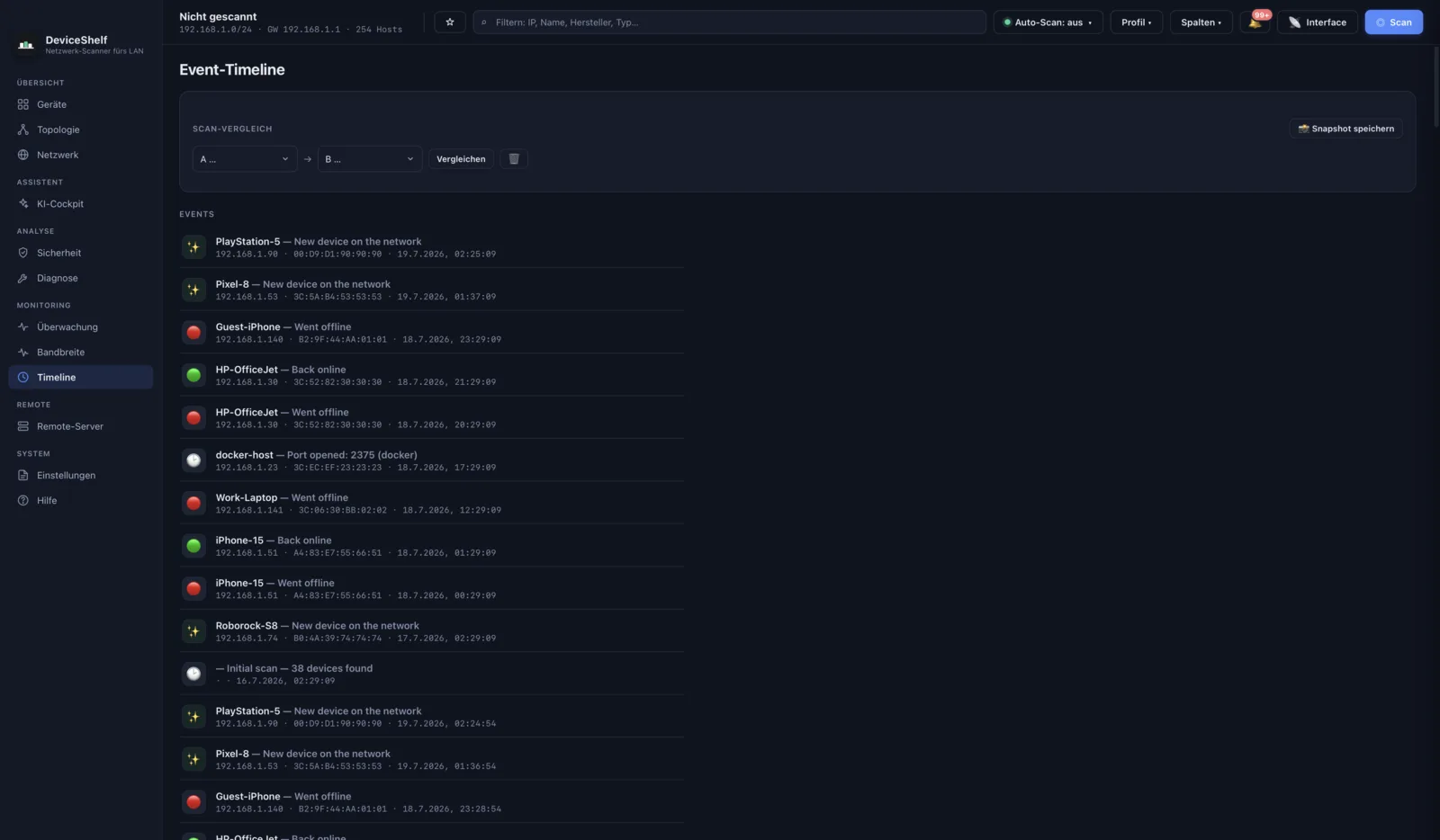Event timeline in DeviceShelf