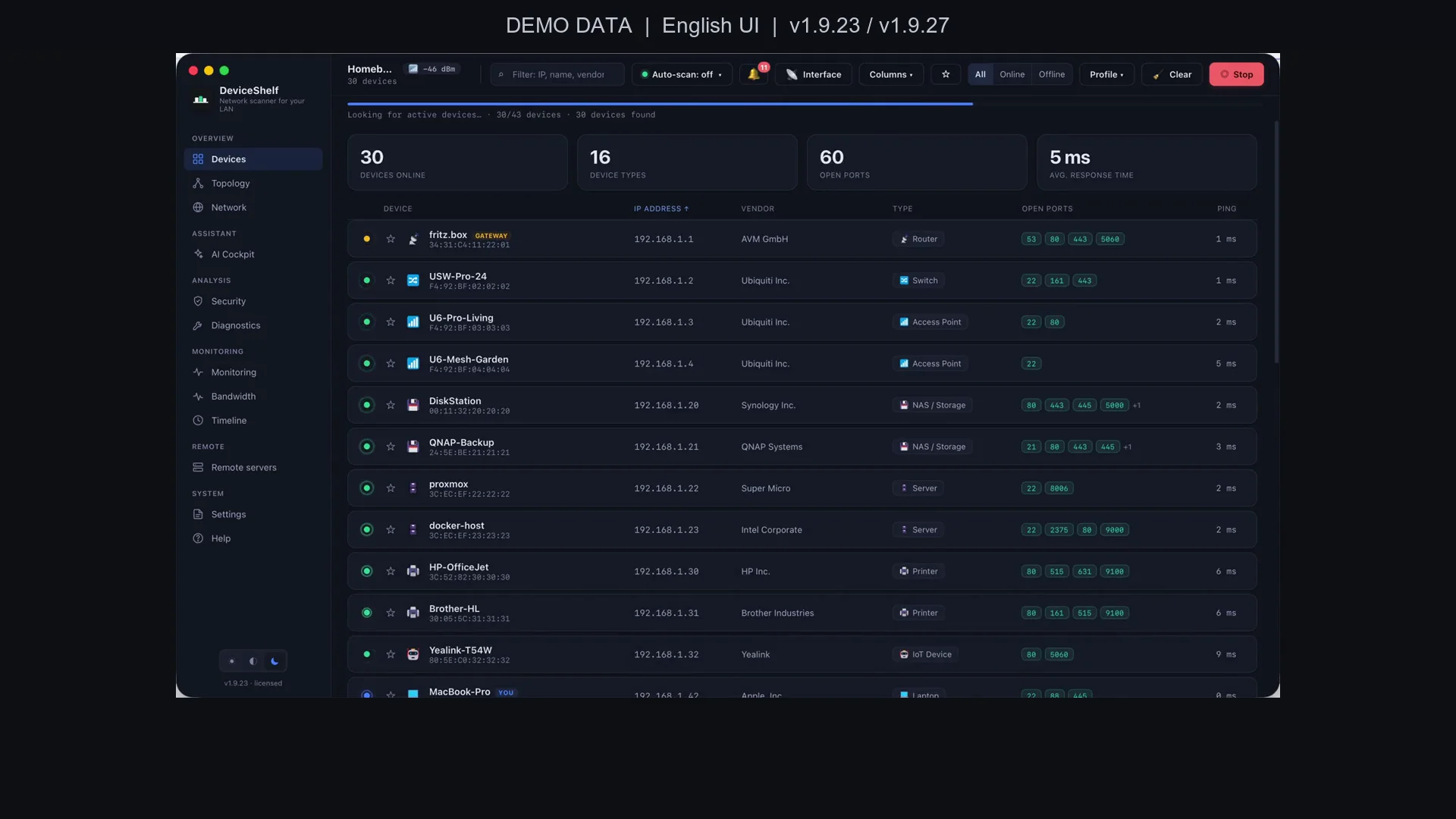 Demonstração de 52 segundos com dados fictícios e interface em inglês (versões 1.9.23 e 1.9.27). Sem narração; legendas em português.