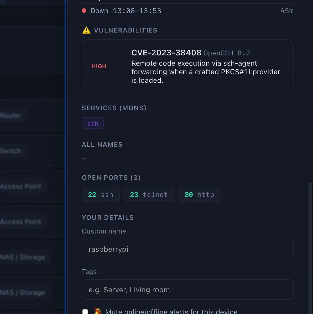 Availability and latency history for one device in DeviceShelf